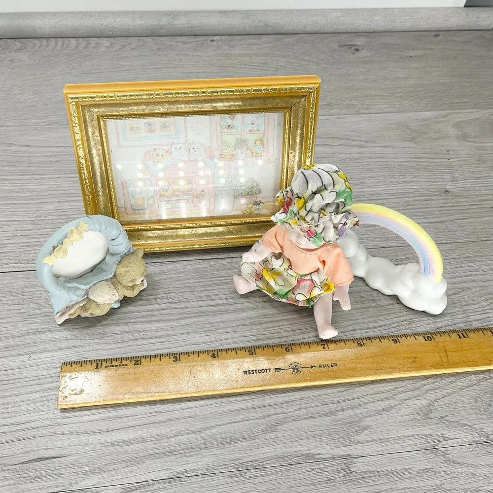 Vintage Nursery Decor Set: Ceramic Rainbow, Teddy Bear Frame, Cat Print